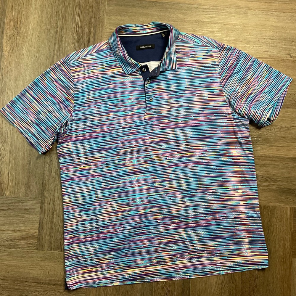 BUGATCHI Geometric Print Classic Golf Polo Shirt Mens Large‎ Blue Purple Yellow - Picture 2 of 8